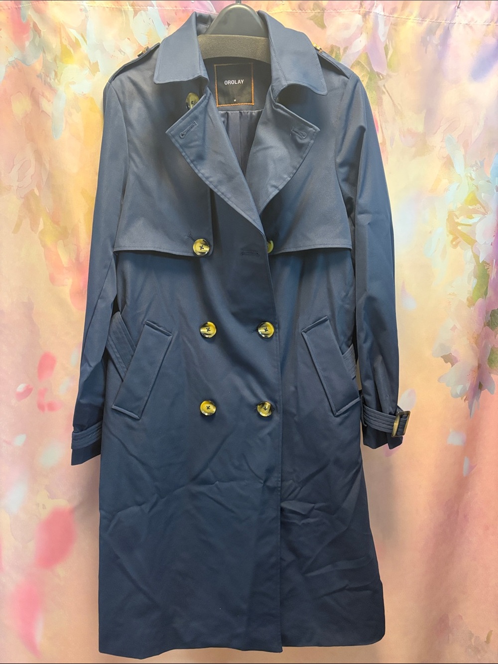 OROLAY Navy Double-Breasted Trench with Brown Buttons